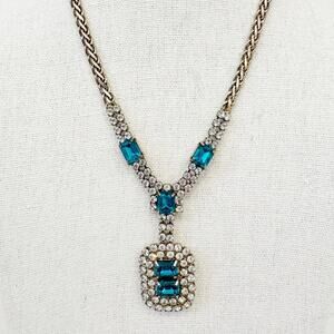 Vintage 1950s Teal Glass Rhinestone Y Drop Necklace